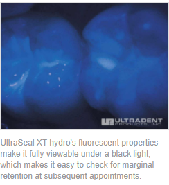 UltraSeal XT hydro’s fluorescent properties make it fully viewable under a black light, which makes it easy to check for marginal retention at subsequent appointments.